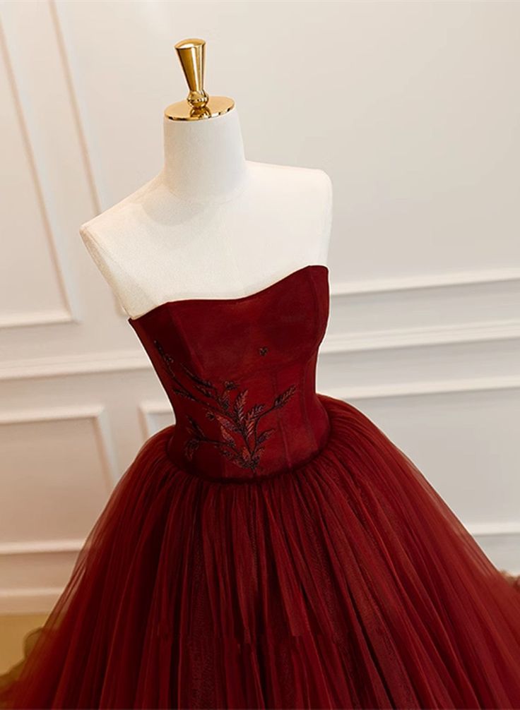 Wine Red Tulle Scoop Long Formal Dress, Wine Red Tulle Prom Dress Party Dress fg5044