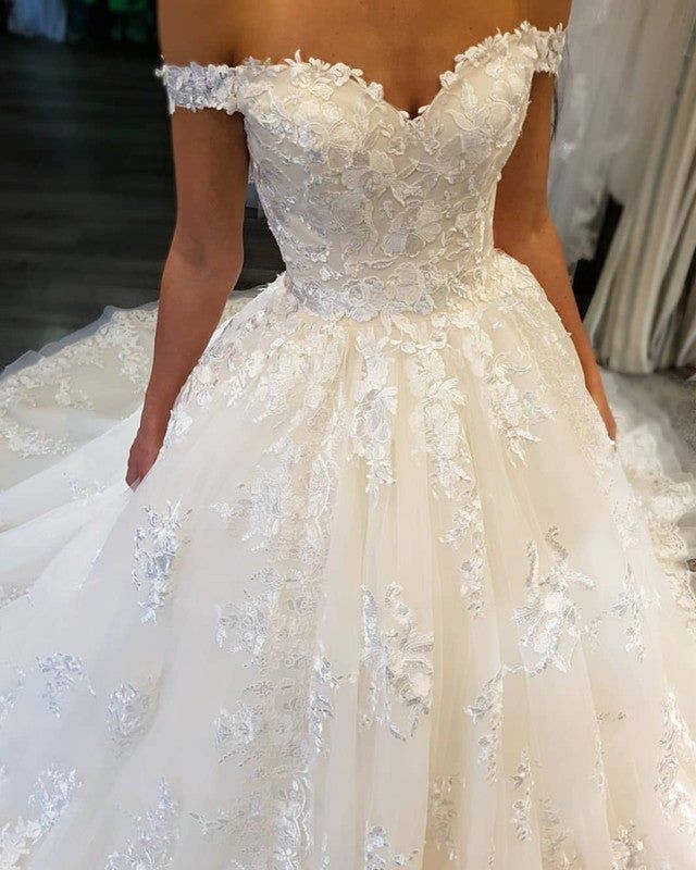 Lace Embroidery Sweetheart Off-The-Shoulder Wedding Dresses Ball Gowns fg4510