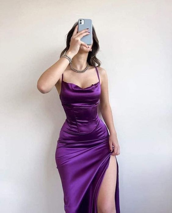 Purple Satin Long Prom Dress with High Slit,Sexy Party Dress fg4661