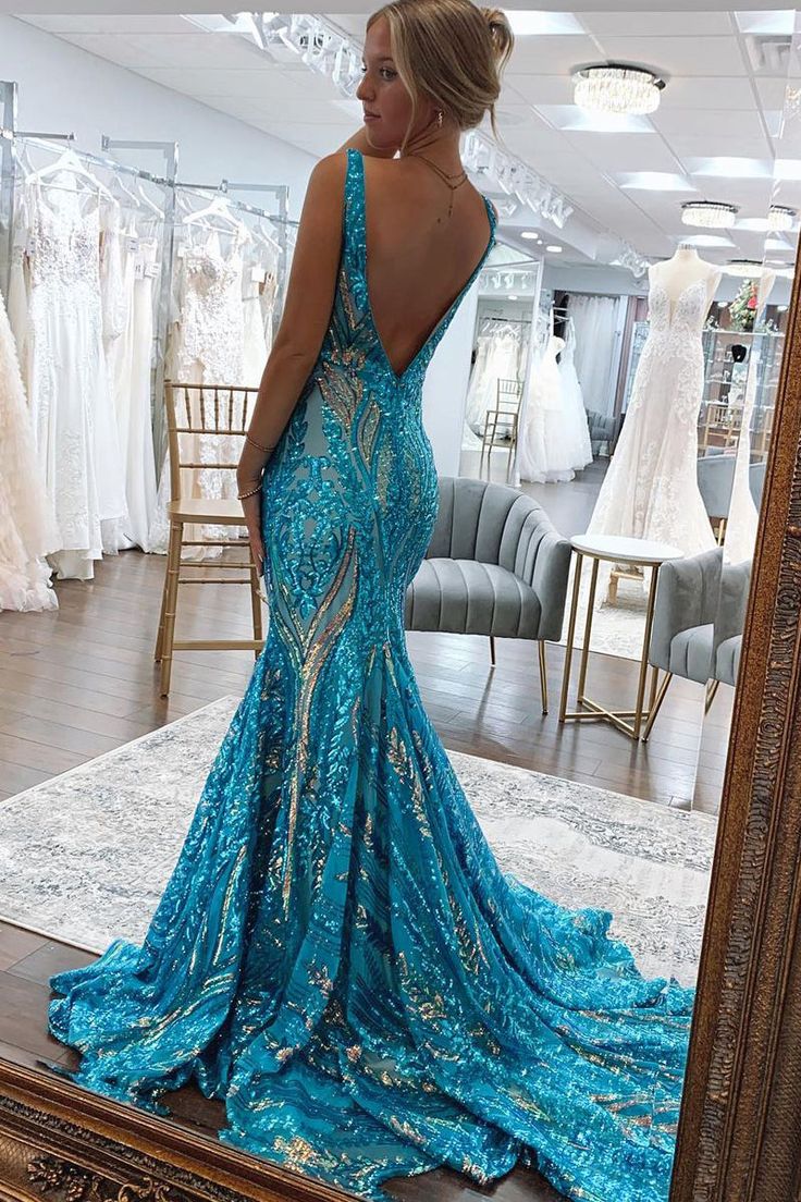 Sparkly Mermaid Deep V Neck Blue & Gold Sequins Lace Long Prom Dresses fg4611