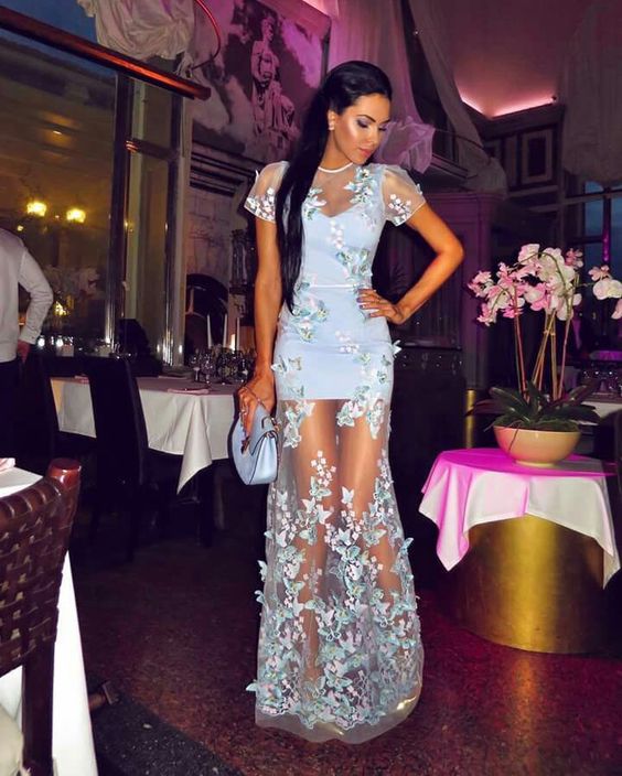 Blue Evening Dress WIith Flowers Banquet Party Long Dress fg4429