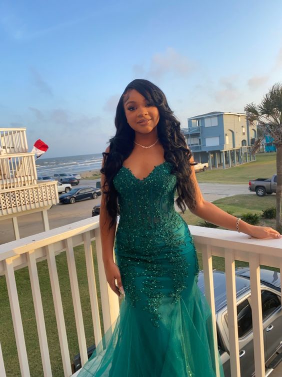 Dark Green Mermaid Tulle Lace Prom Dress Winter Formal Gown fg4863