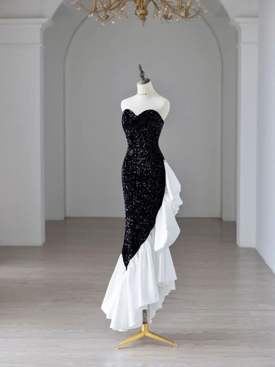 Black Sequin Mermaid Dress, Party Glitter Dress, Strapless Evening Gown For Women fg4872