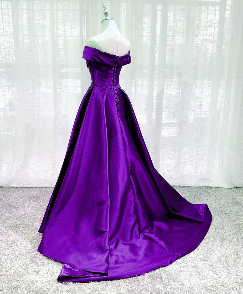 Purple Satin Off Shoulder Long Evening Dress Prom Dress, Purple A-line Party Dresses fg4593