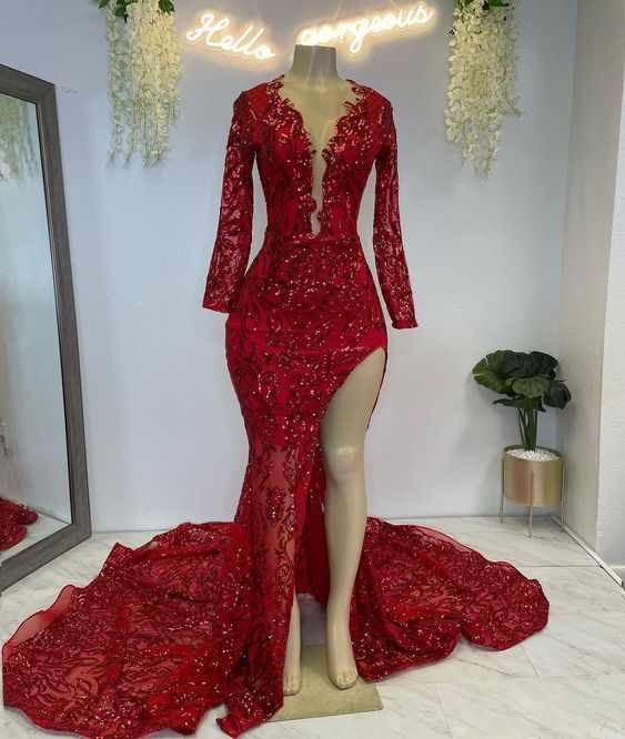 Sparkly Prom Dresses Long Sleeve V Neck Mermaid Elegant Prom Gown 2024 Formal Occasion Dresses fg4376