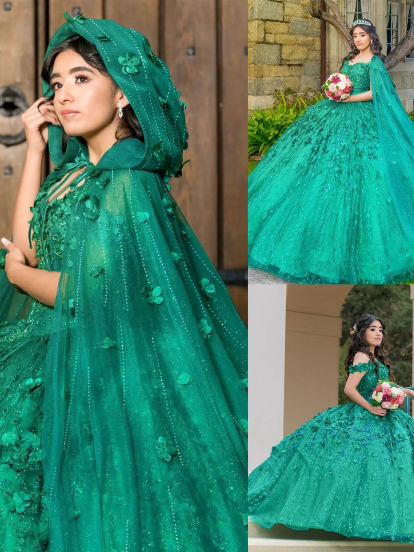 Green Sparkly Quinceanera Dresses With Cape Tassels Sweet 16 Dresses Ball Gown 3D Flowers Tulle Birthday Gowns fg4570