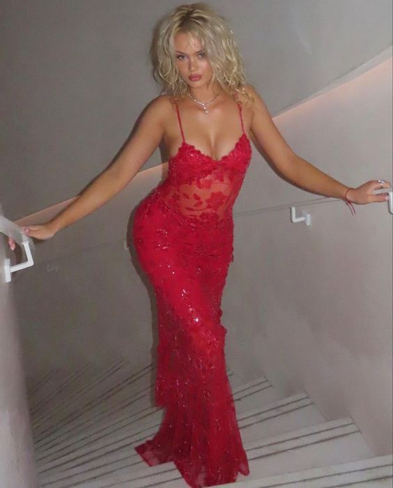 Spaghetti Straps Birthday Party Dresses Red Lace Prom Dresses fg4831
