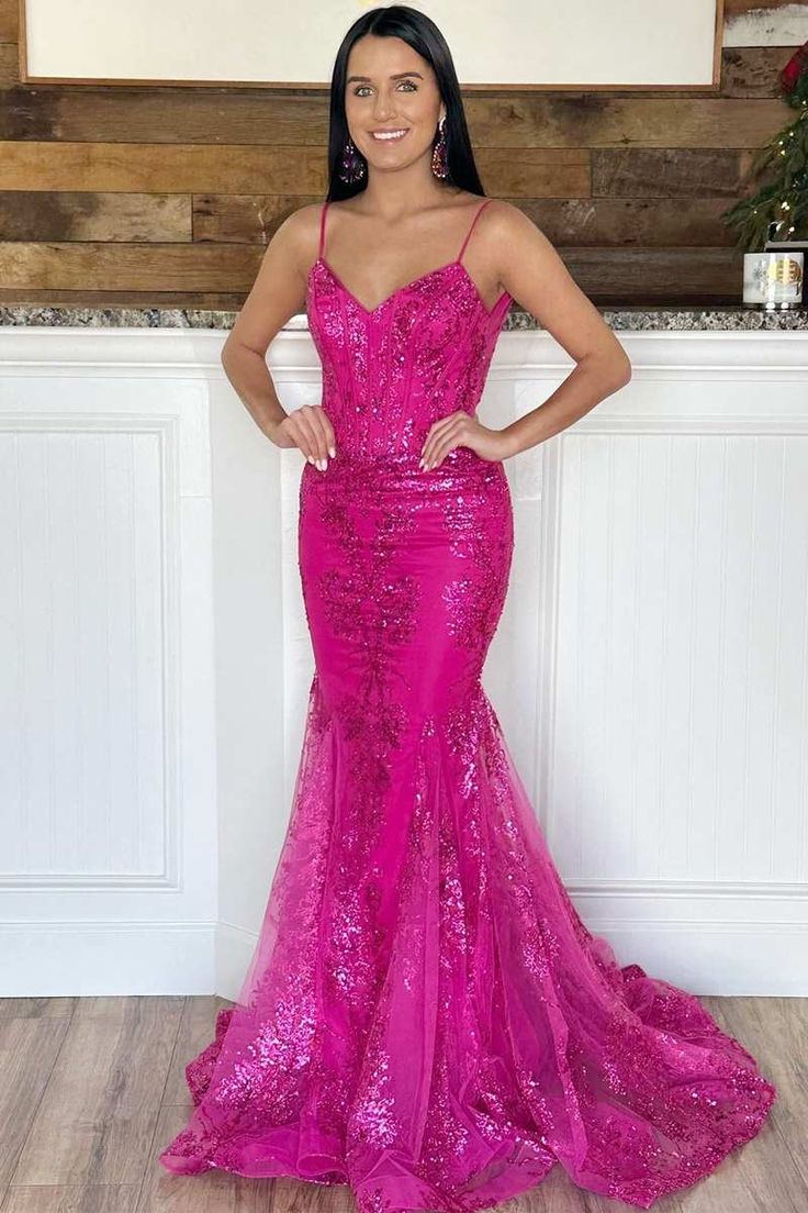 Glitter Magenta Appliques V-Neck Mermaid Long Prom Dress fg4813