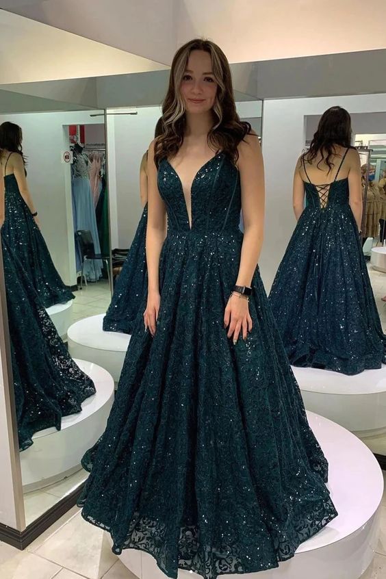 Shiny Lace Dark Green Deep V Neck A line Sequins Evening Dress Long Prom Dress fg4659