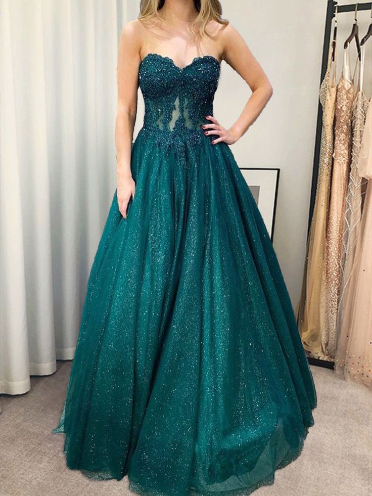 Strapless Green Lace Long Prom Dresses, Green Blue Long Lace Formal Evening Dresses fg4423
