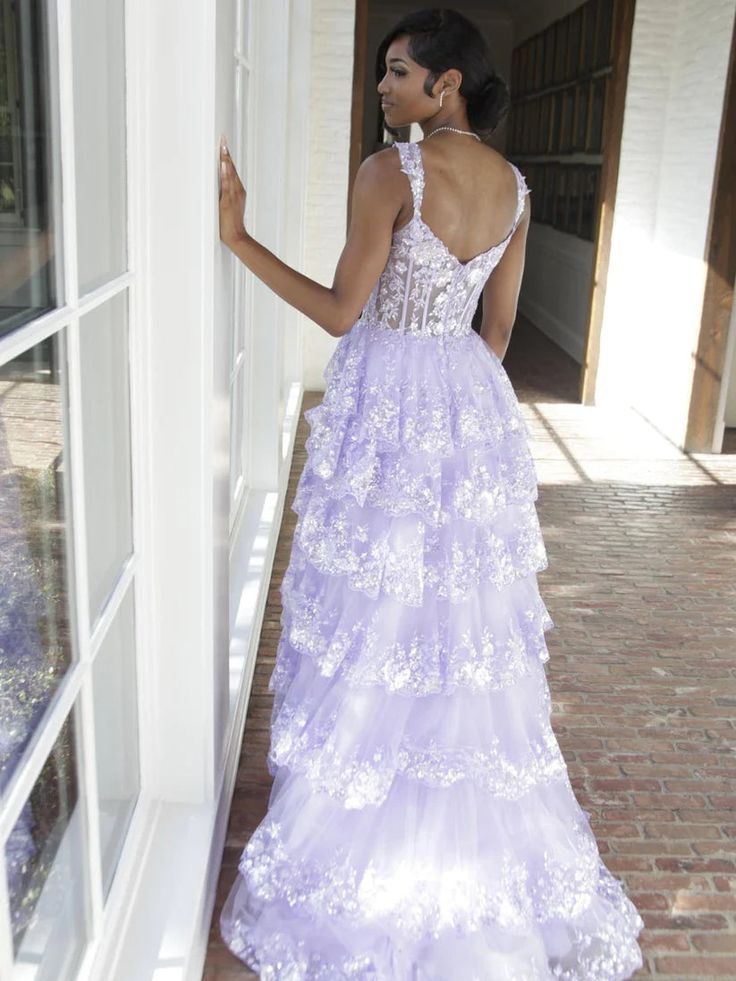 Lilac Sequin Lace Ruffles Prom Dress Split Evening Gown fg5109