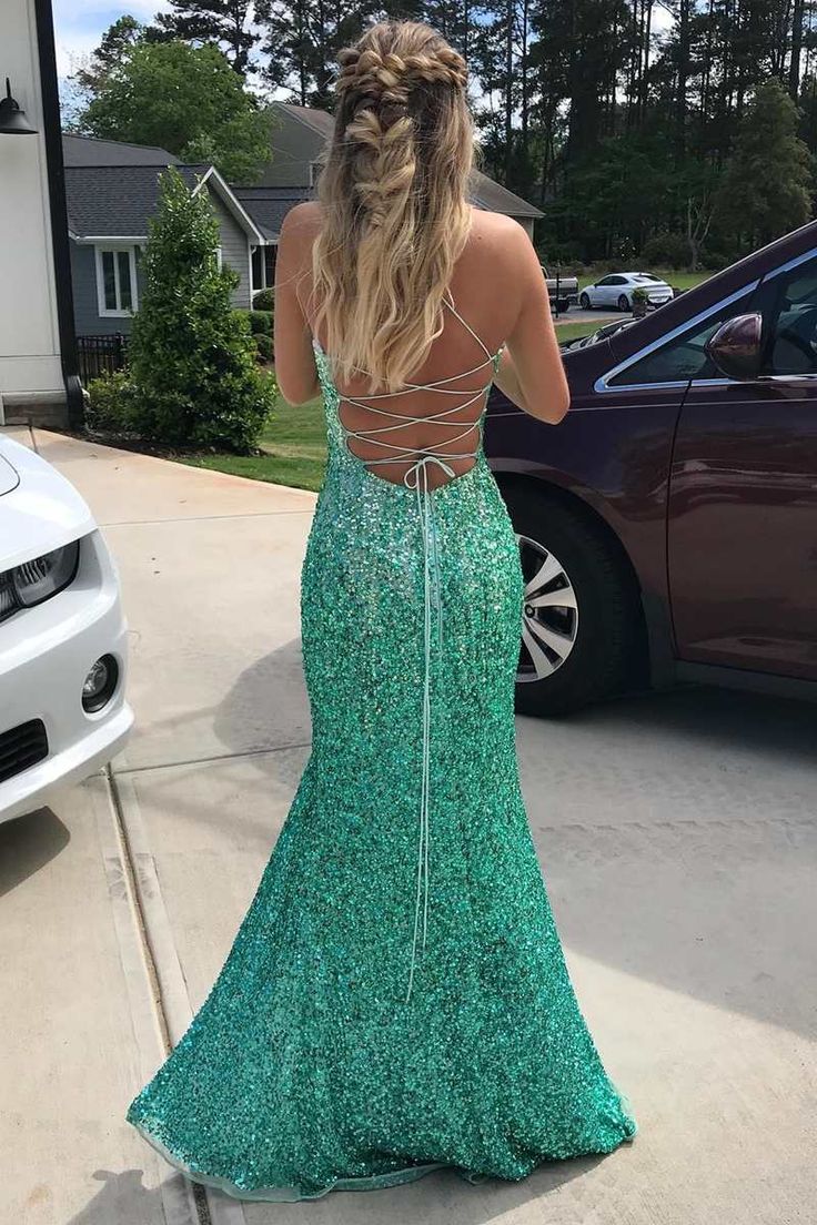 Turquoise Sequin Lace-Up Back Mermaid Long Formal Dress with Slit fg4728