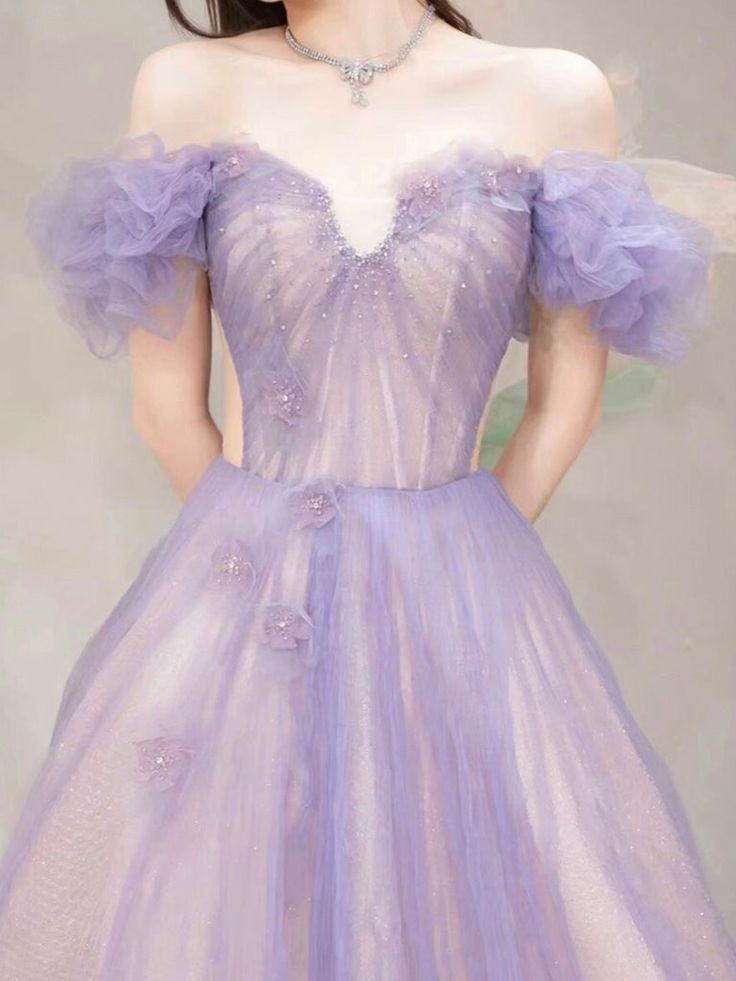 A-Line Off Shoulder Purple Tulle Long Prom Dress, Purple Formal Dress fg5416