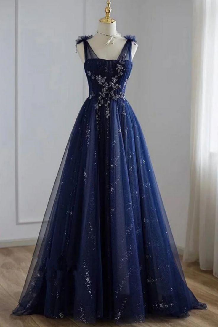 A Line Navy blue Tulle Beaded V Neckline Party Dress, Navy Blue Shiny Tulle Prom Dress fg5369