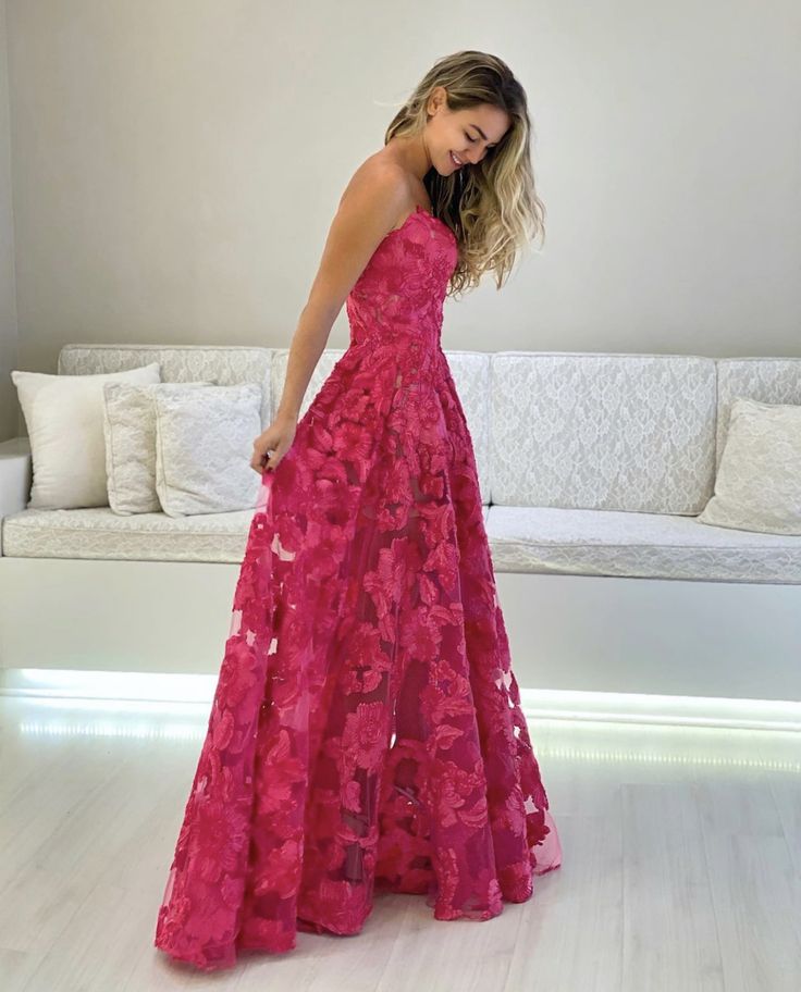 A line Strapless Hot Pink Long Prom Dress Formal Graduation Evening Dresses fg4763