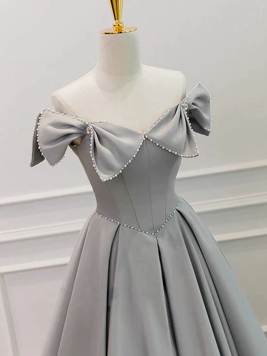 Graues langes Partykleid aus Satin mit Perlen und Schleife, graues A-Linien-Ballkleid fg5362