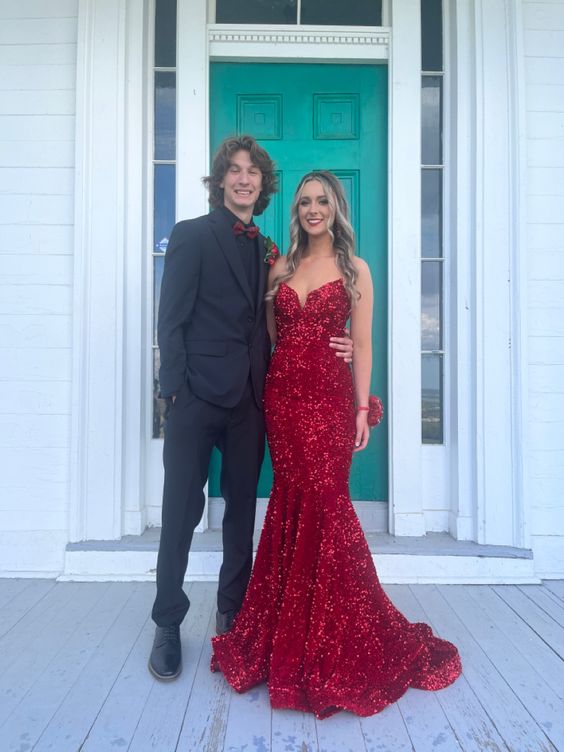 Sparkly Mermaid V Neck Sequins Long Prom Dresses fg5097