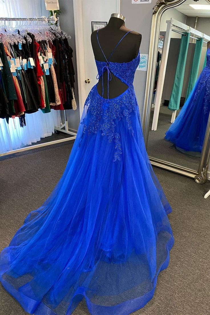 Royal Blue Appliques Deep V Neck Lace-Up A-line Tulle Long Prom Dress fg4605