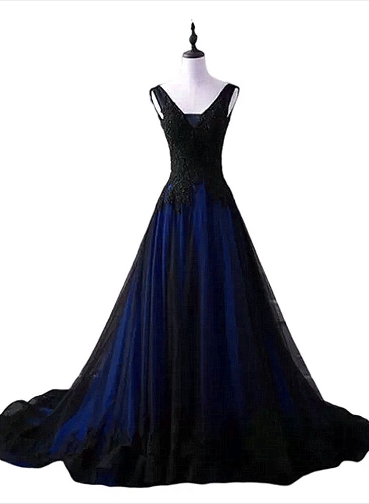 Black and Blue V-neckline Lace Applique Long Formal Dress, Black and Blue Prom Dress fg5072