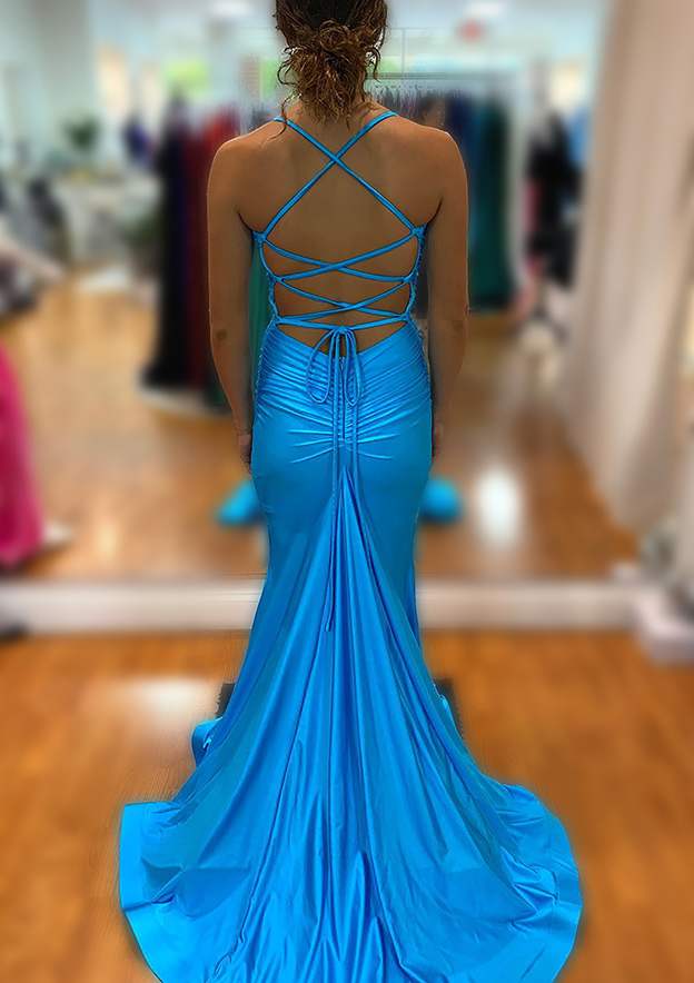 Trumpet/Mermaid V Neck Sleeveless Sweep Train Prom Dress With Pleated fg4726