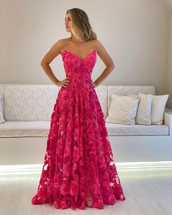 A line Strapless Hot Pink Long Prom Dress Formal Graduation Evening Dresses fg4763