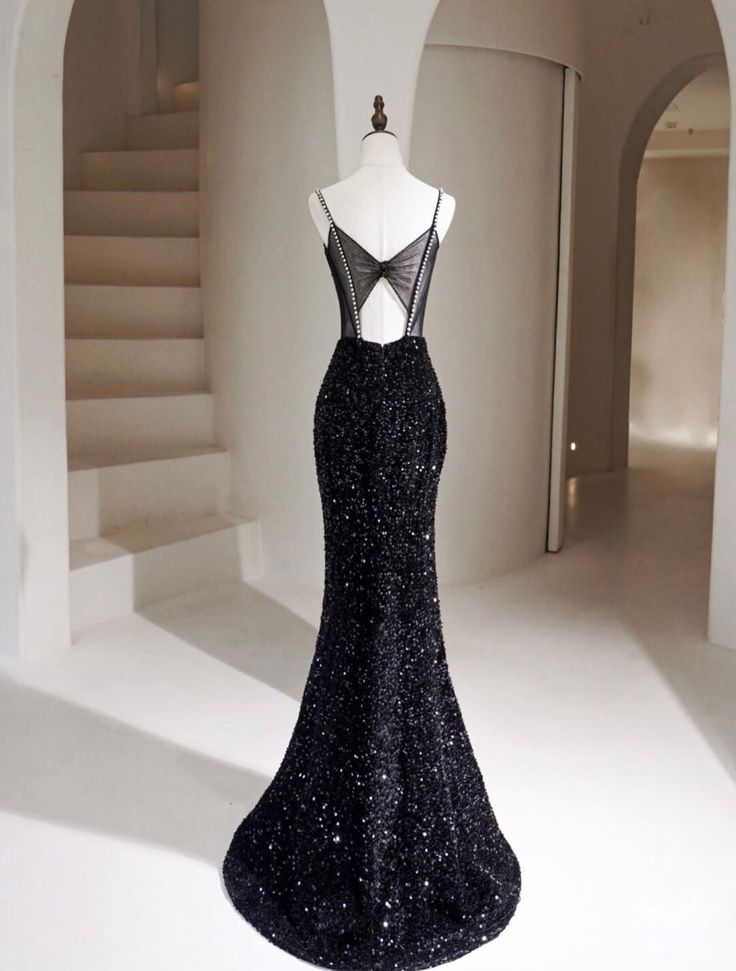 Black Mermaid Sequin Long Prom Dress, Black Formal Dress fg5019
