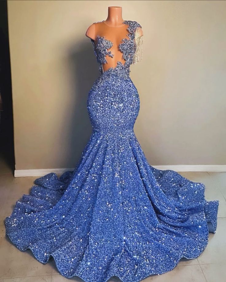 Blue Sequin Long Prom Dress, Blue Party Dress fg5232