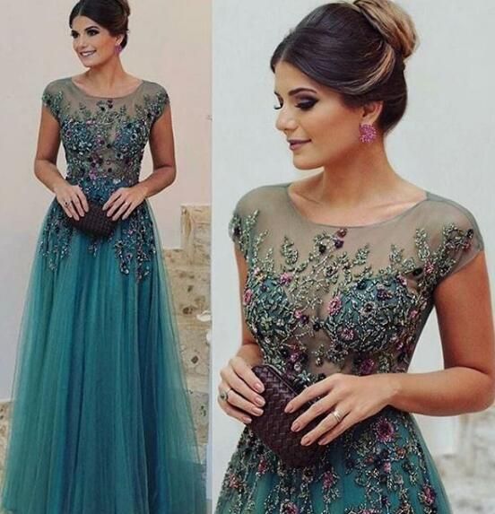 Charming A-line Floor-length Tulle Formal Prom Dresses,Beadings Appliques Evening Dresses fg4786