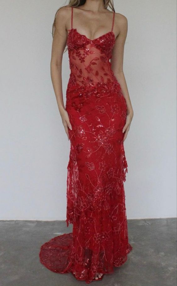 Spaghetti Straps Birthday Party Dresses Red Lace Prom Dresses fg4831