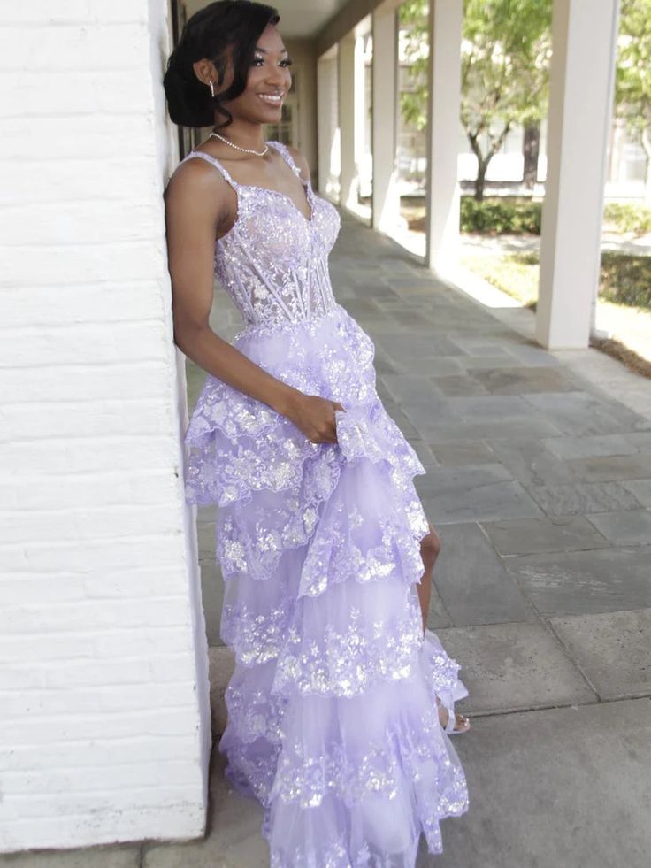 Lilac Sequin Lace Ruffles Prom Dress Split Evening Gown fg5109