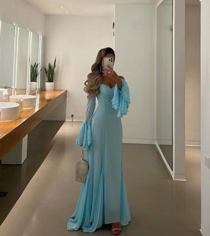 Blue Chiffon Prom Dresses Women Long Sleeves Formal Wedding Party Dress Evening Gowns fg4505
