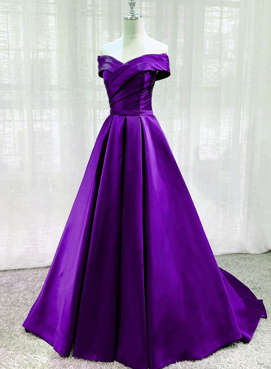 Purple Satin Off Shoulder Long Evening Dress Prom Dress, Purple A-line Party Dresses fg4593