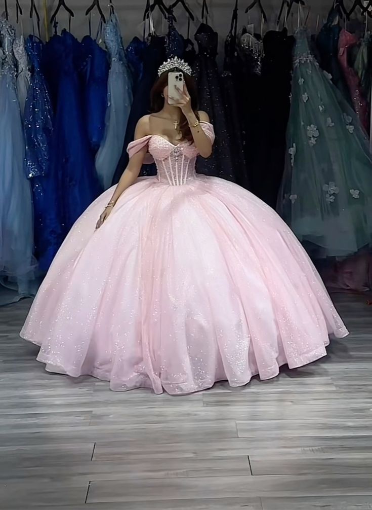 A-line Off The Shoulder Tulle Prom Dress Baby pink quince dress Ball Gowns fg5244