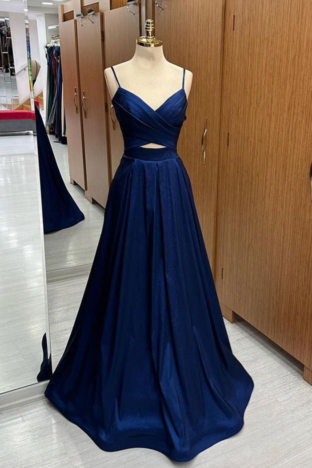 Pleated Straps Cut-Out Satin Long Prom Dress fg4855