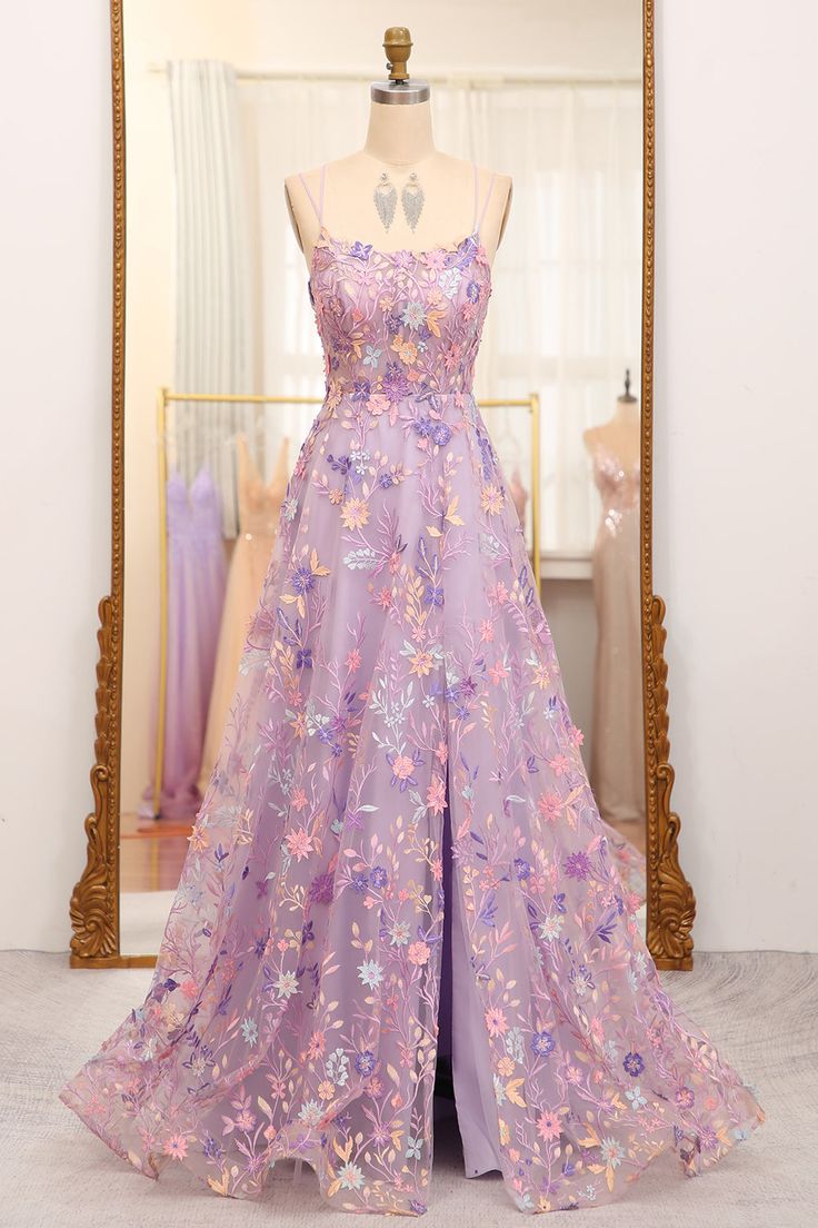 A-Line Tulle Lace Up Long Prom Dress With Appliques And Split fg5027