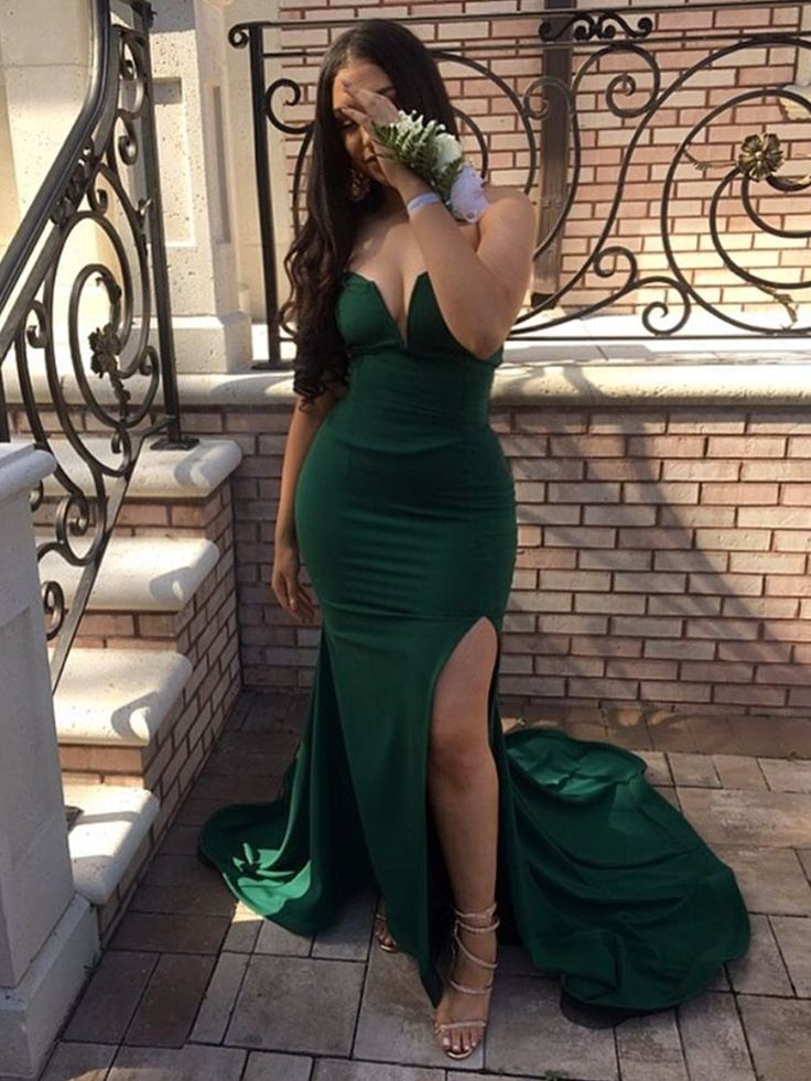 Green Strapless Mermaid Split Long Prom Dresses With Sweep Train, Mermaid Green Formal Dresses, Evening Dresses fg5043