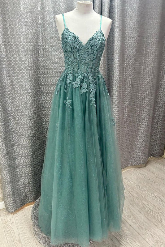 Straps Lace Appliques Long Prom Dress    fg4886