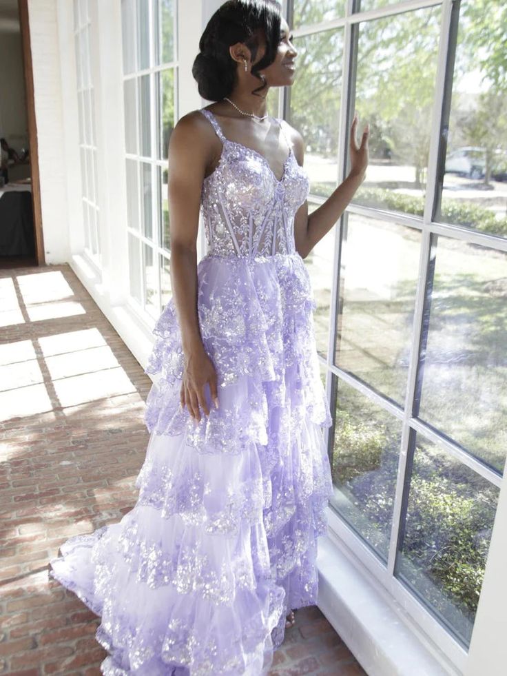 Lilac Sequin Lace Ruffles Prom Dress Split Evening Gown fg5109