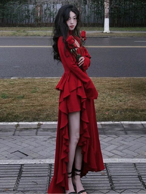 Vintage Elegant Dress Women Flare Sleeve Sweet Long Irregular Dress fg4904