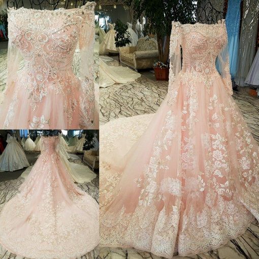 Modest Wedding Dress Long Sleeve Lace Applique Classic A-Line Wedding Dress Pink Bridal Dress With Train fg5226