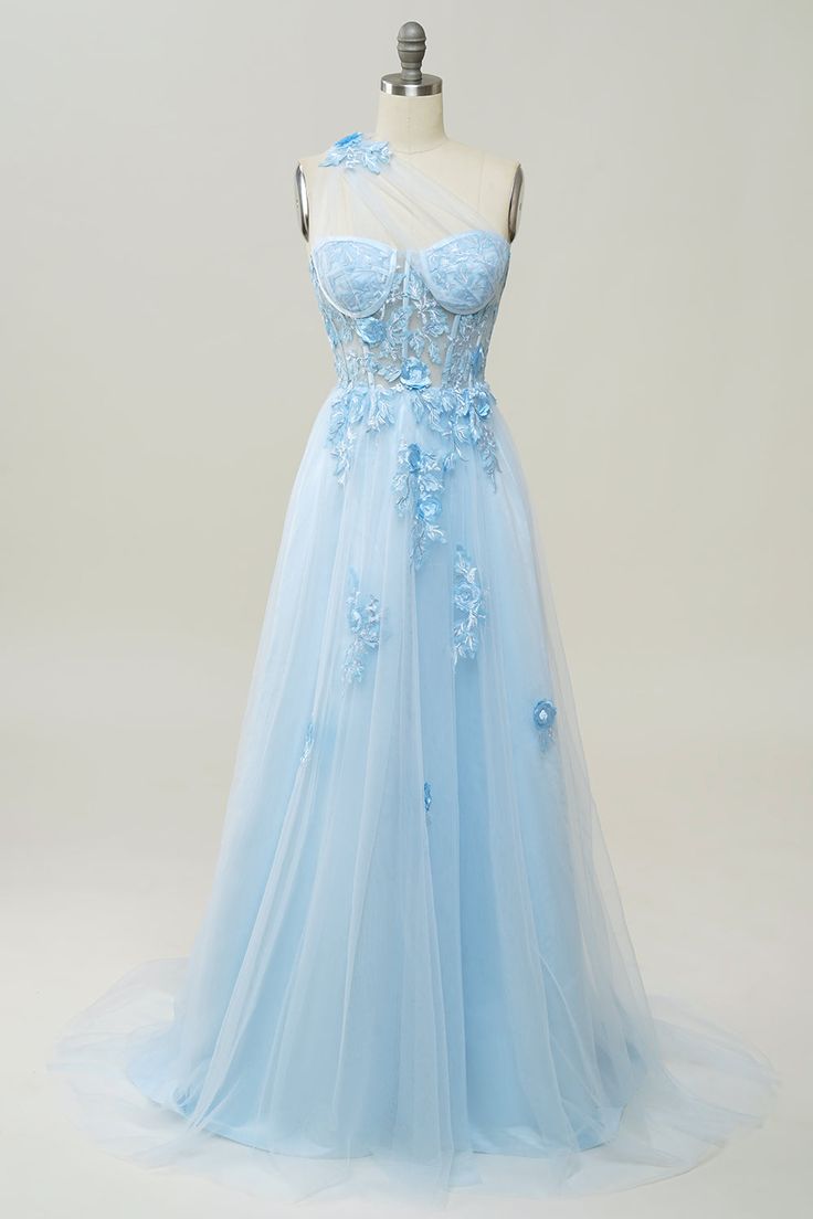 A Line One Shoulder Sky Blue Long Prom Dress with Appliques fg4713