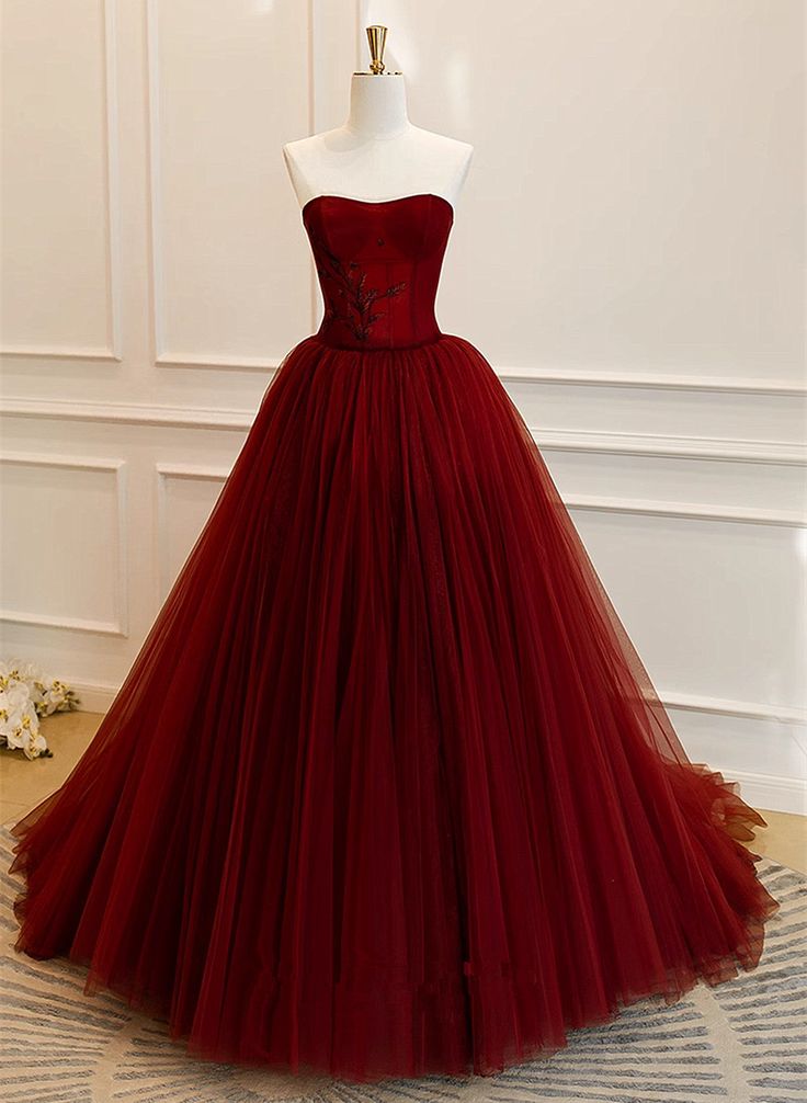 Wine Red Tulle Scoop Long Formal Dress, Wine Red Tulle Prom Dress Party Dress fg5044