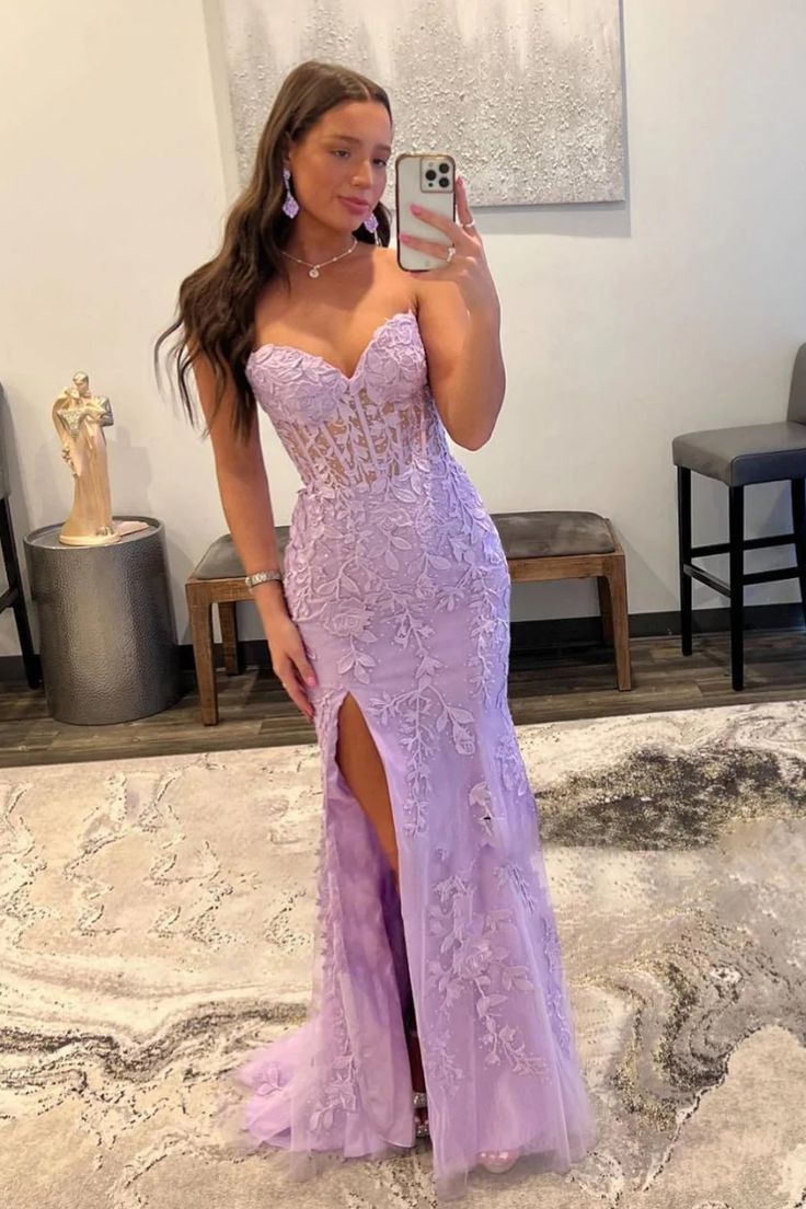 Purple Corset Sweetheart Long Lace Prom Dress with Slit fg4660