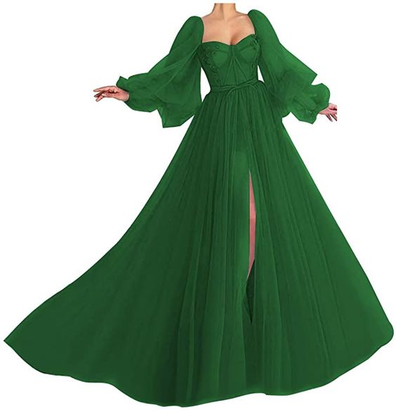 Puffy Sleeve Prom Dress Sweetheart Tulle Ball Gown Slit Formal Evening Gowns fg4474