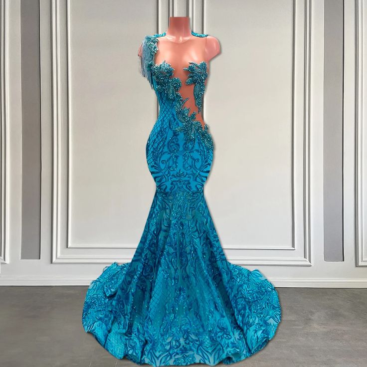 Sparkly Crystal Sequin Blue Asymmetrical Long Mermaid Prom Dress fg5139