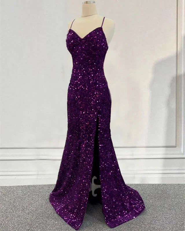 Purple Prom Dress Sequin Mermaid Formal Evening Dress Split fg4738