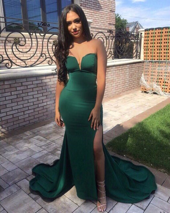 Green Strapless Mermaid Split Long Prom Dresses With Sweep Train, Mermaid Green Formal Dresses, Evening Dresses fg5043
