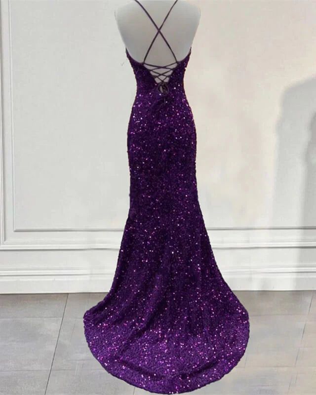 Purple Prom Dress Sequin Mermaid Formal Evening Dress Split fg4738