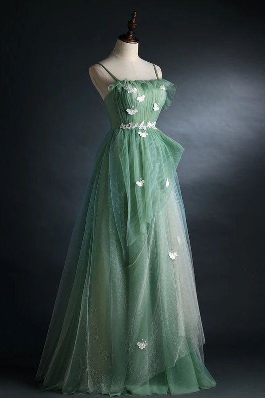 A-Line Blue Tulle Straps Long Formal Dress, Blue Long Evening Dress Prom Dress fg4877