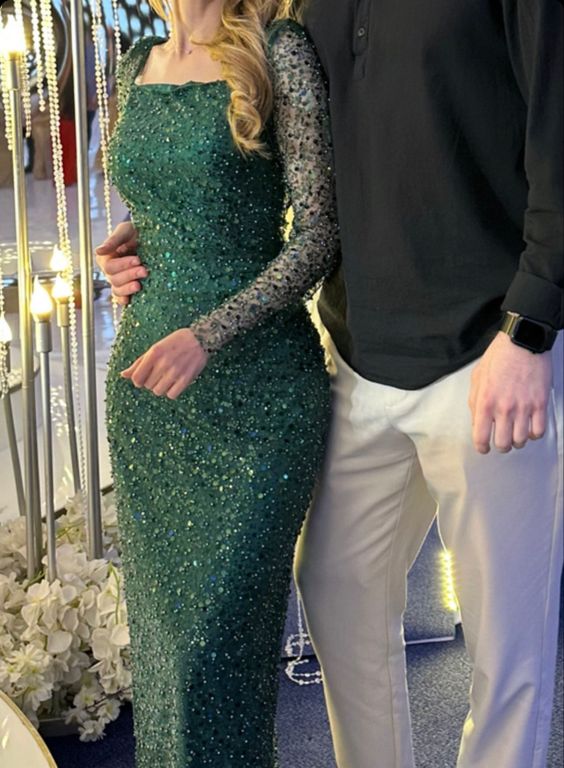 Green Sequin Prom Dress Long Sleeves Evening Gown fg4675